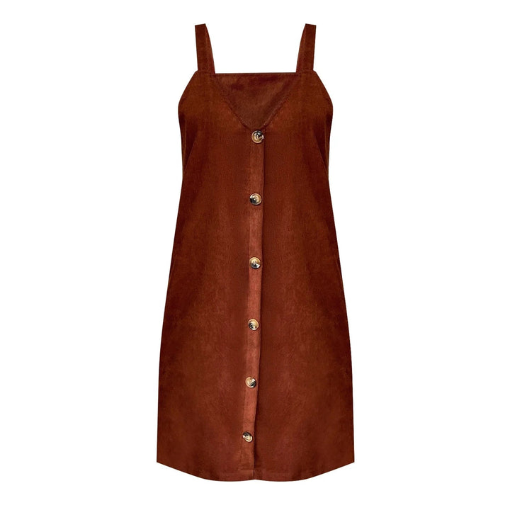 V-Neck Corduroy Dress with Strap and Button Details