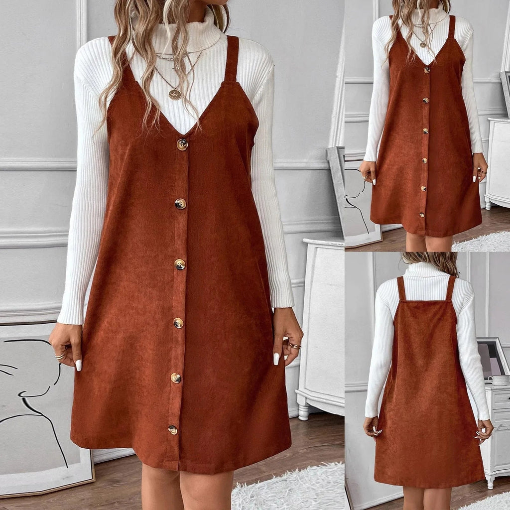 Strap-Detail V-Neck Corduroy Dress with Button Accents