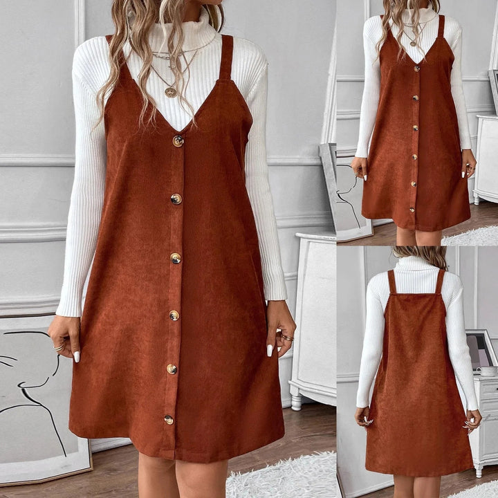V-Neck Corduroy Dress with Strap and Button Details