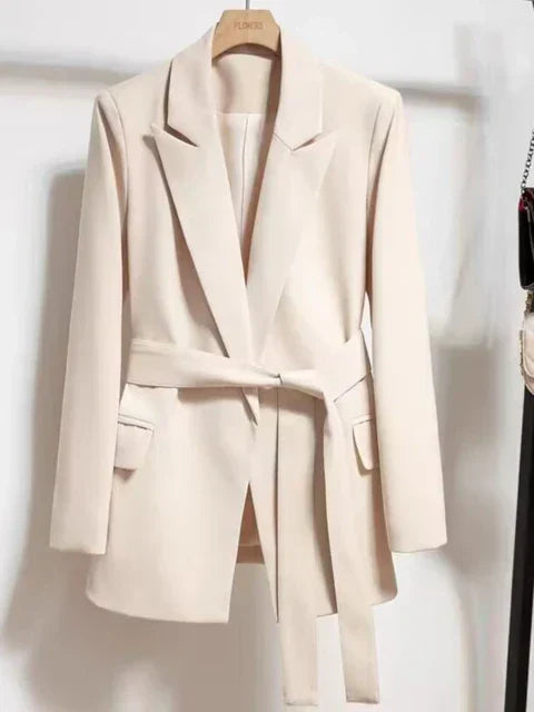Waist-Belted Blazer with Pockets in Beige
