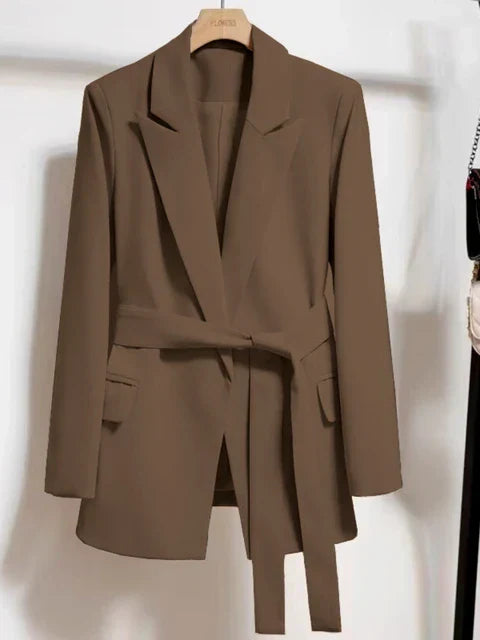 Waist-Belted Blazer with Pockets in Beige