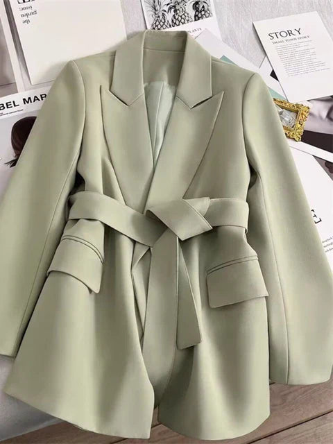 Waist-Belted Blazer with Pockets in Beige