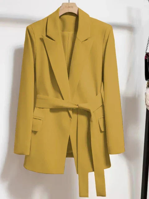 Waist-Belted Blazer with Pockets in Beige