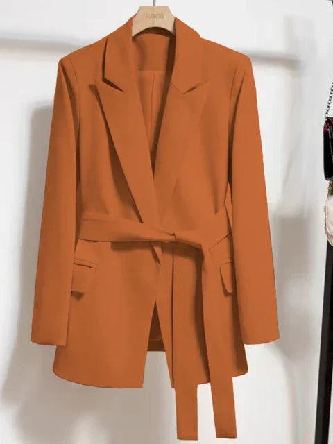 Waist-Belted Blazer with Pockets in Beige