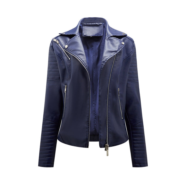 Asymmetric Zip PU Jacket with Lapel Collar for Women