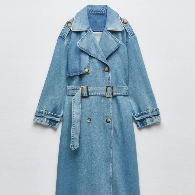 Slim Fit Denim Trench Coat with Waist Belt