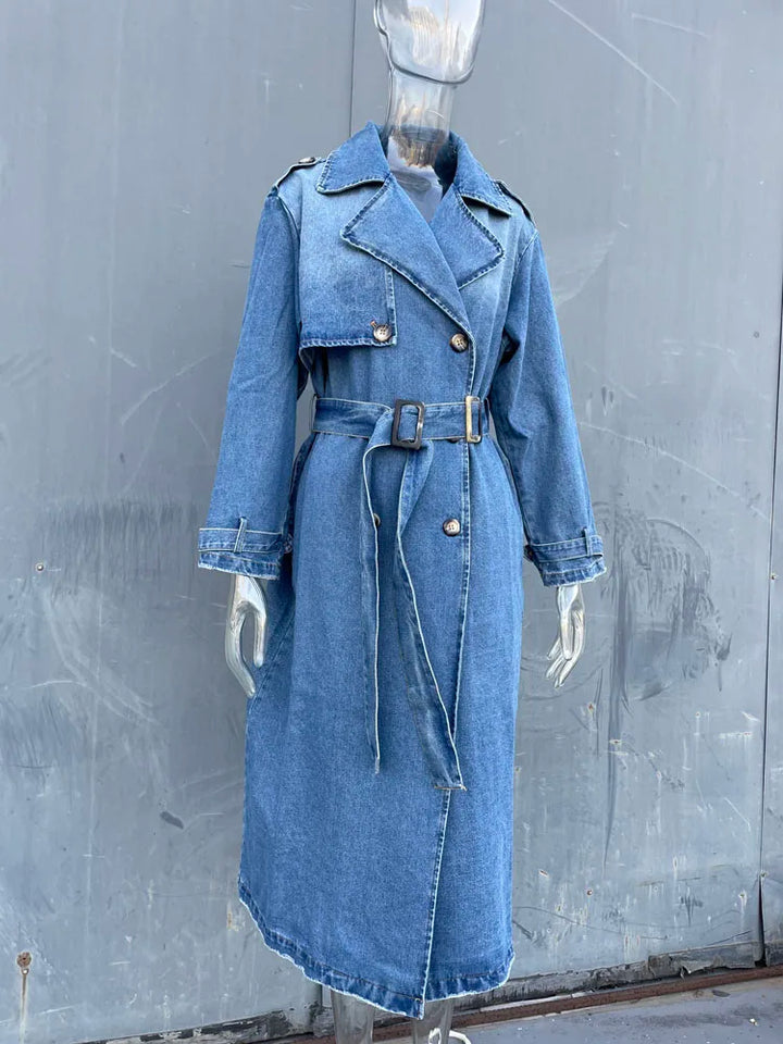 Slim Fit Denim Trench Coat with Waist Belt