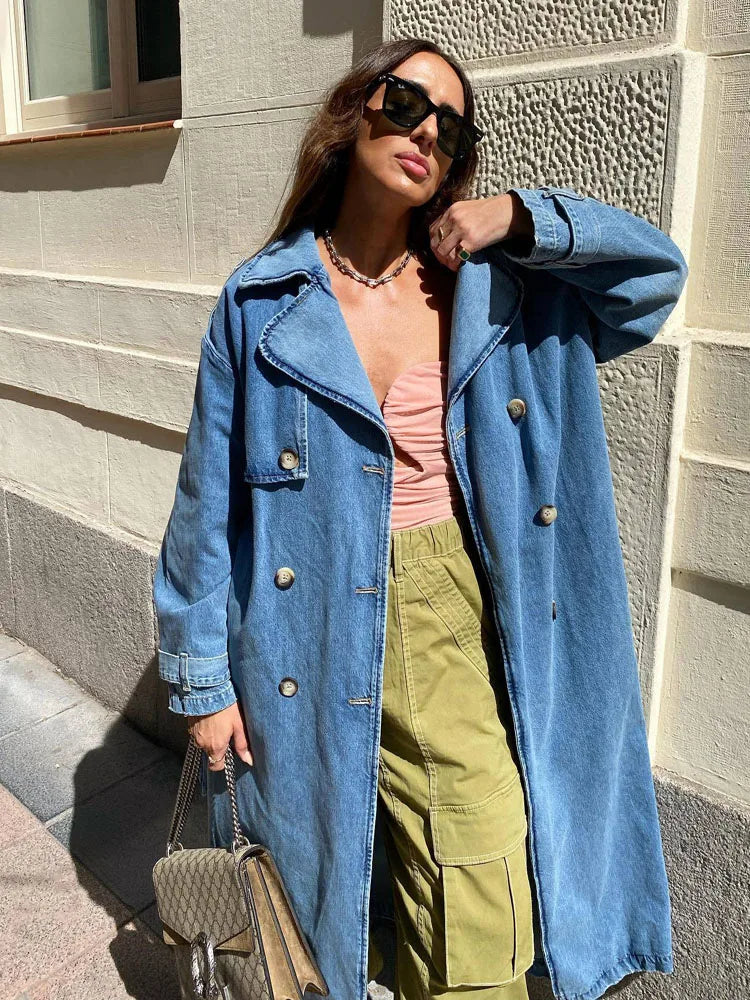 Slim Fit Denim Trench Coat with Waist Belt