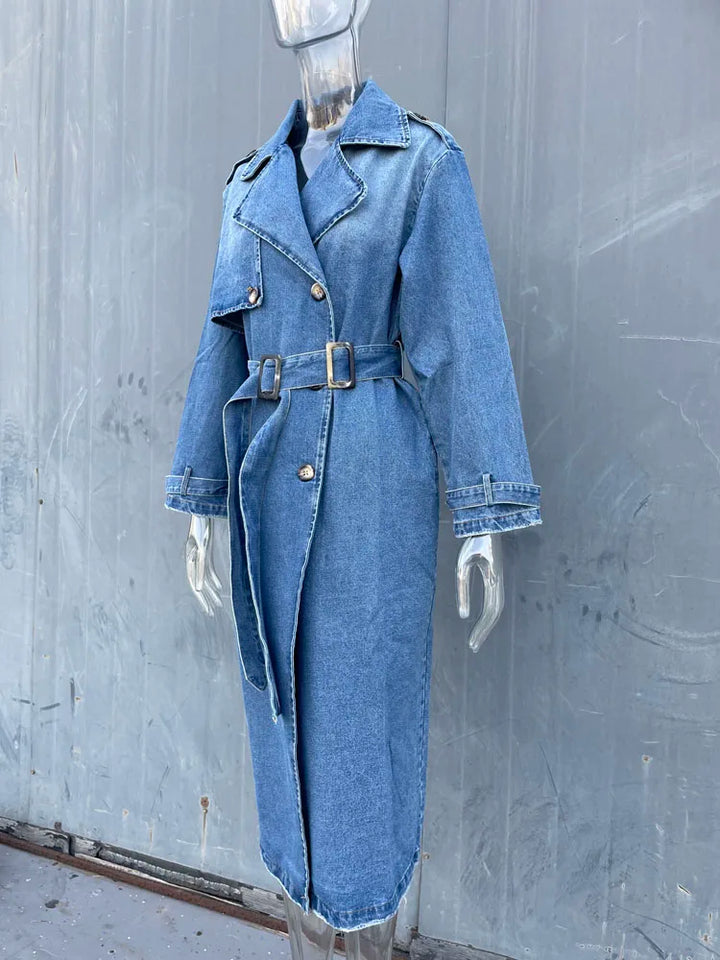 Slim Fit Denim Trench Coat with Waist Belt