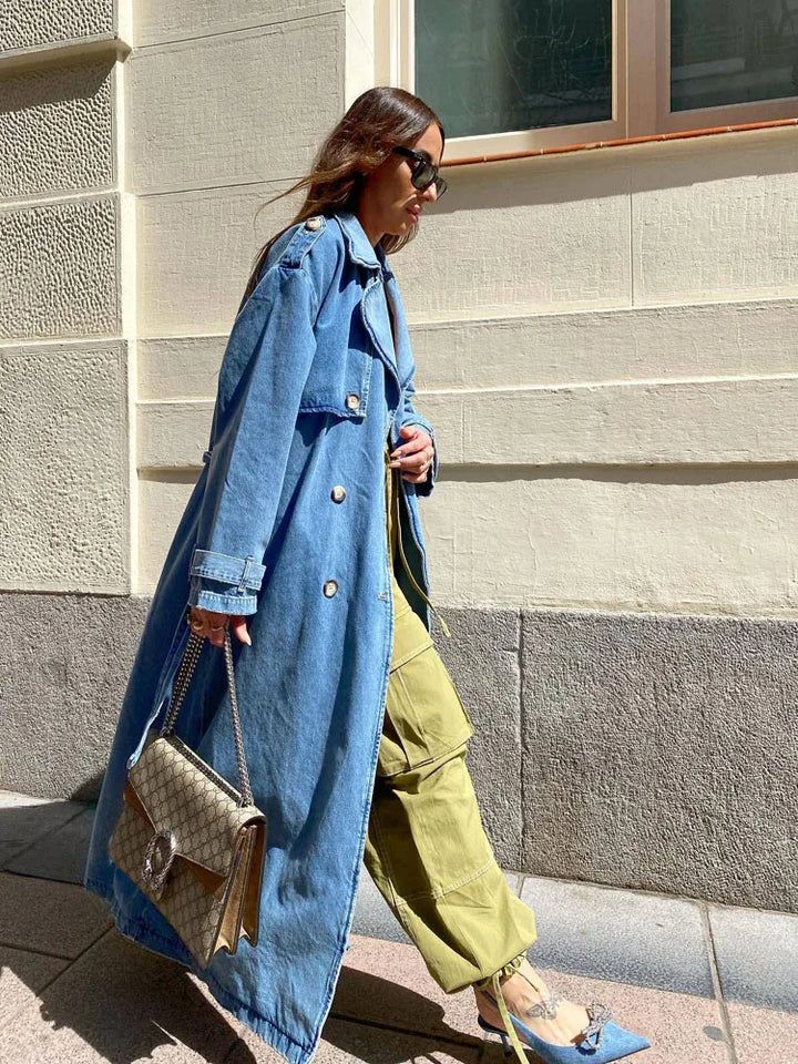 Slim Fit Denim Trench Coat with Waist Belt
