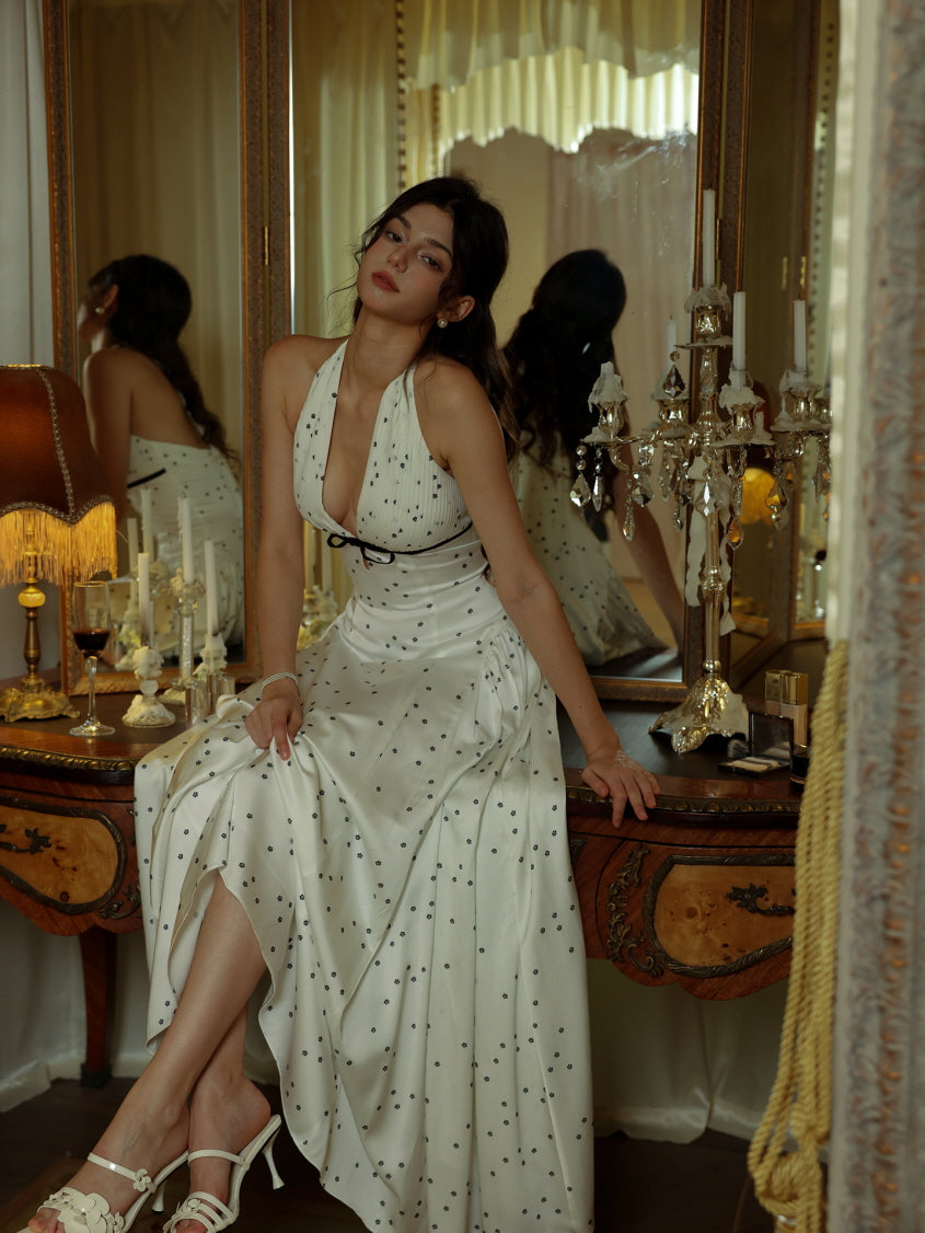 White Polka Dot Halter Dress for Women - gallery