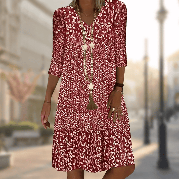 V-Neck Midi Dress with 3D Print Graphic Motif