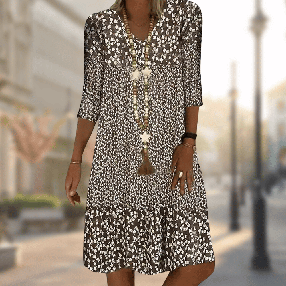 V-Neck Midi Dress with 3D Print Graphic Motif