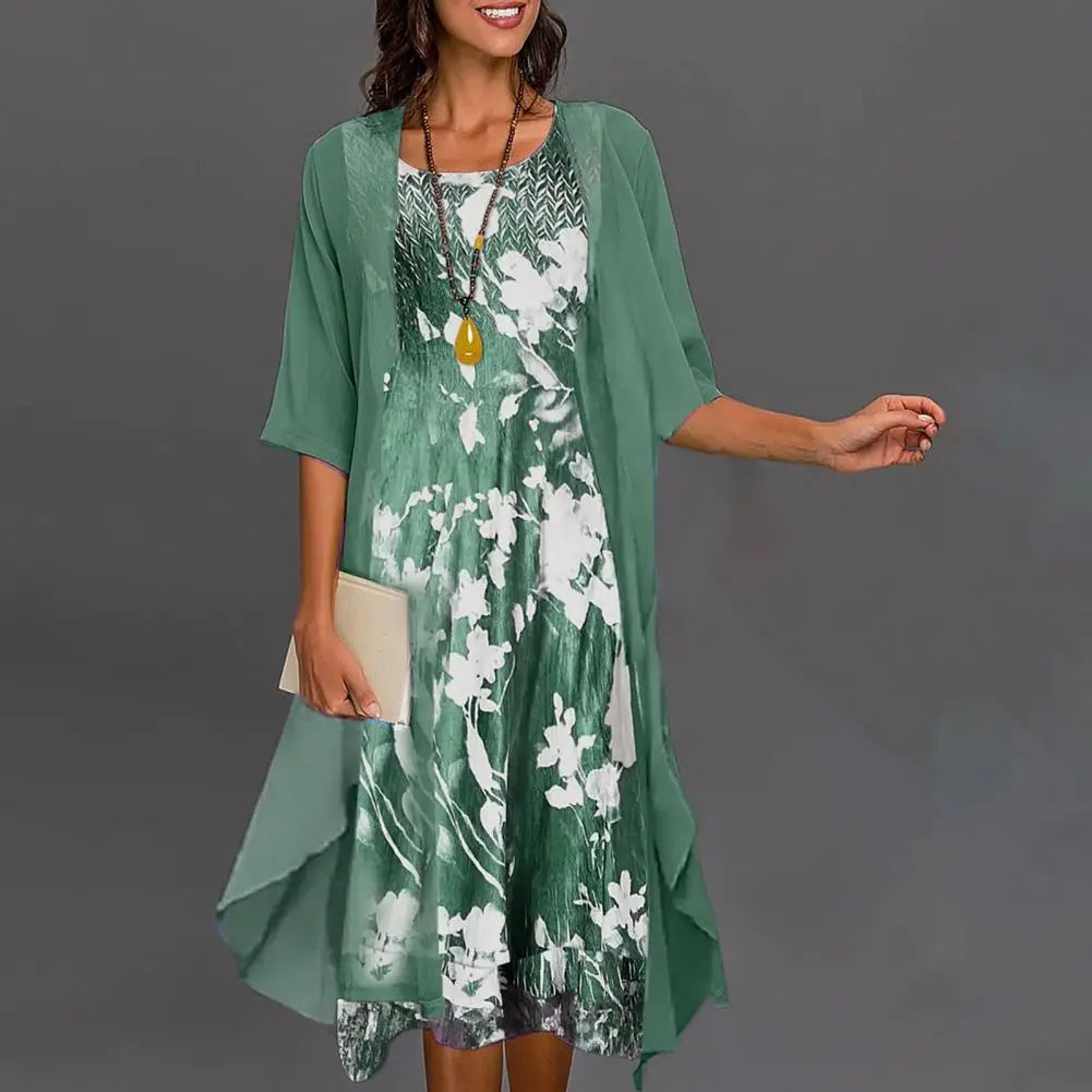 Floral Three-Quarter Sleeve Dress in Chiffon
