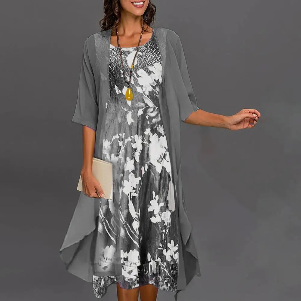 Elegant Floral Design Dress with Stylish Three-Quarter Sleeves