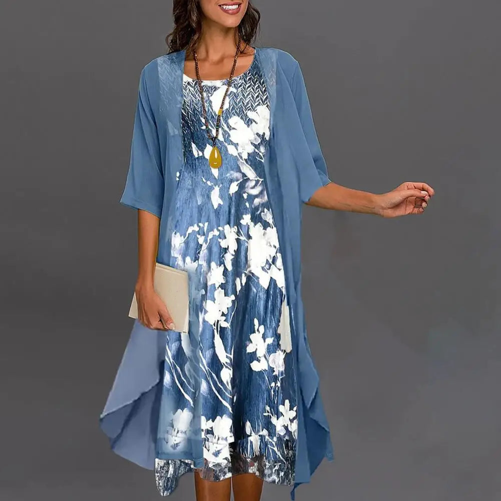 Elegant Floral Design Dress with Stylish Three-Quarter Sleeves