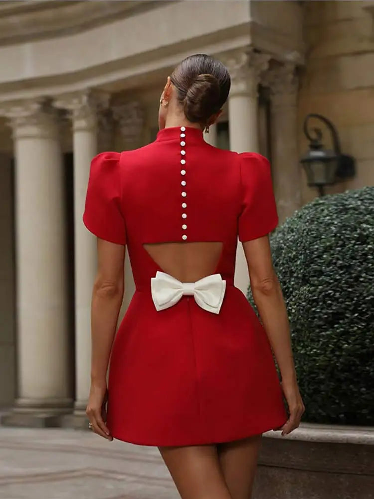 Red Mini Dress with Hollow Back and Bow Detailing