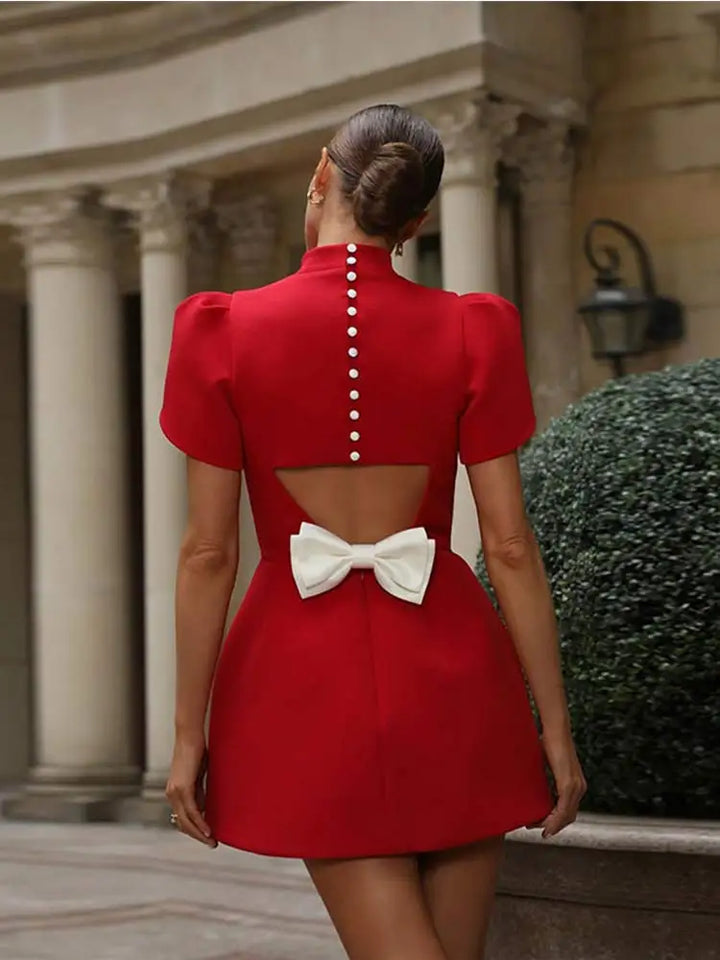 Red Mini Dress with Hollow Back and Bow Detailing