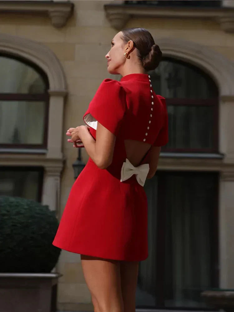 Red Mini Dress with Hollow Back and Bow Detailing