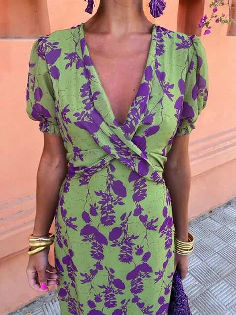 Twisted Front Midi Dress in Forest Green and Mustard