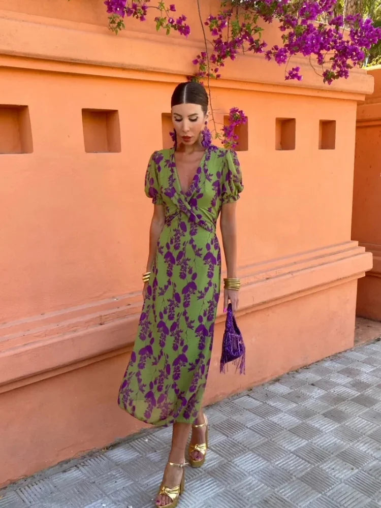 Twisted Front Midi Dress in Forest Green and Mustard