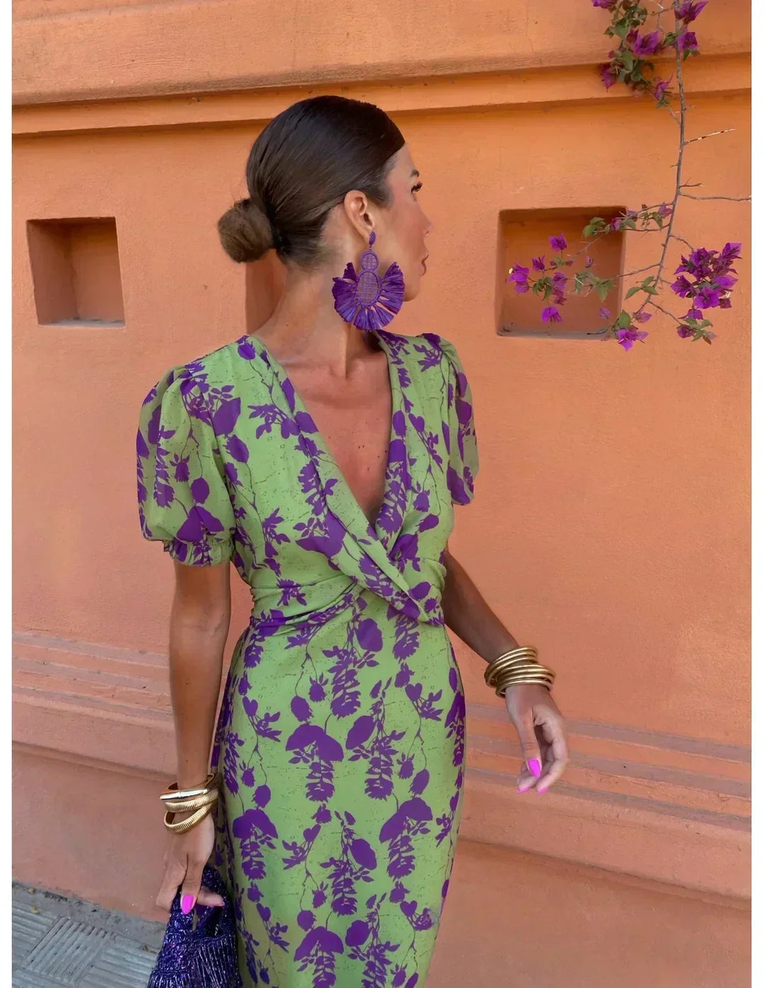 Twisted Front Midi Dress in Forest Green and Mustard