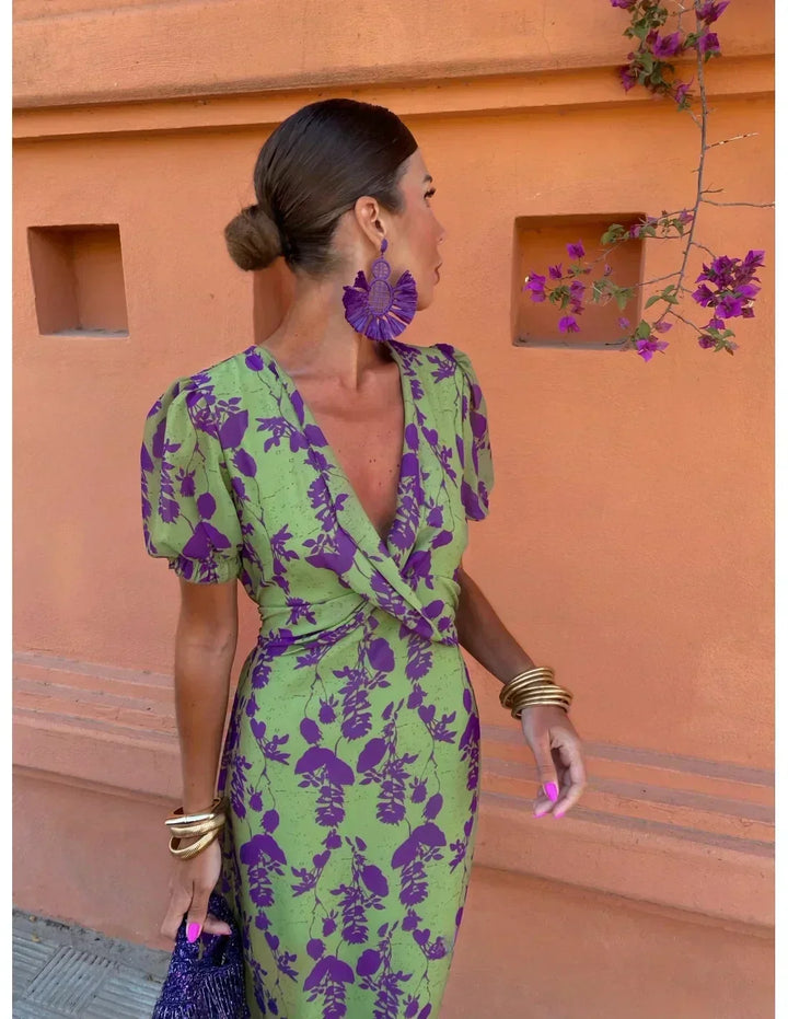 Twisted Front Midi Dress in Forest Green and Mustard