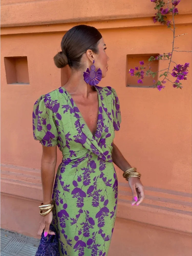 Twisted Front Midi Dress in Forest Green and Mustard
