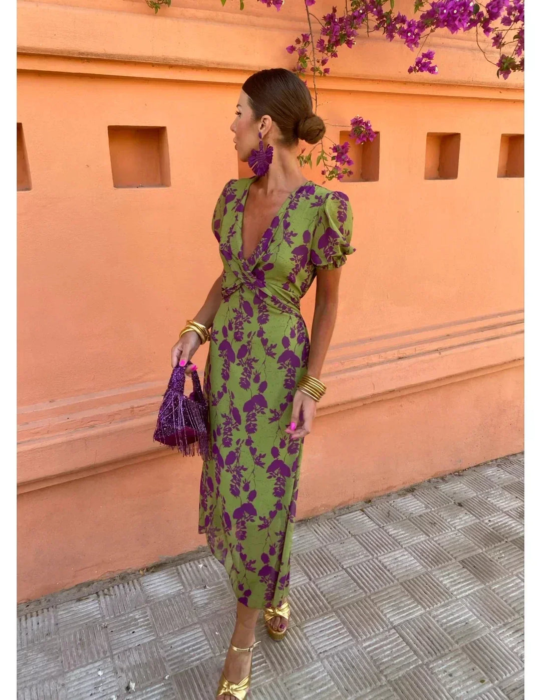 Twisted Front Midi Dress in Forest Green and Mustard
