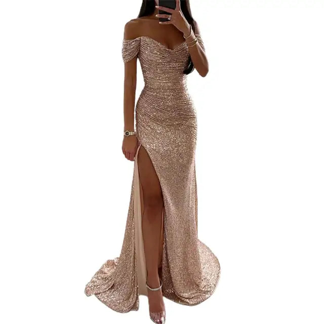 V-Neck Sequin Maxi Dress with Thigh Slit