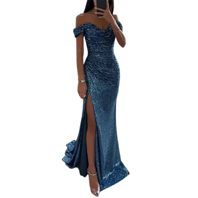 V-Neck Sequin Maxi Dress with Thigh Slit