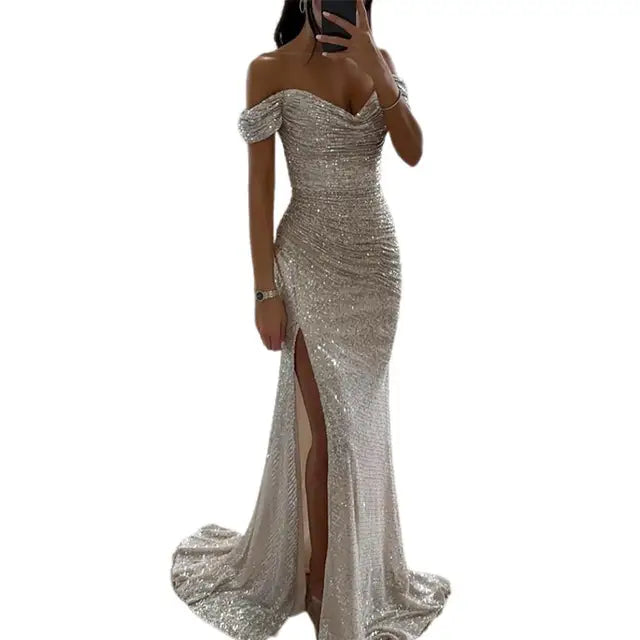 V-Neck Sequin Maxi Dress with Thigh Slit