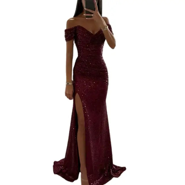 V-Neck Sequin Maxi Dress with Thigh Slit