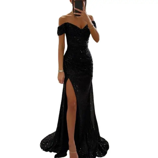 V-Neck Sequin Maxi Dress with Thigh Slit
