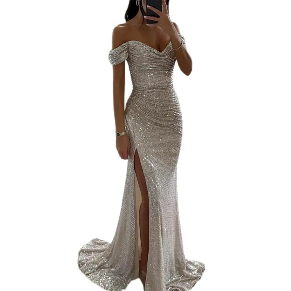 V-Neck Sequin Maxi Dress with Thigh Slit