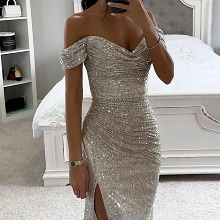 V-Neck Sequin Maxi Dress with Thigh Slit