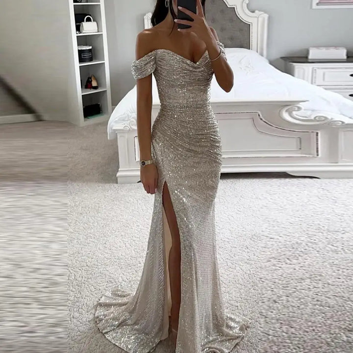 V-Neck Sequin Maxi Dress with Thigh Slit