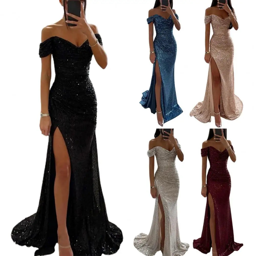 V-Neck Sequin Maxi Dress with Thigh Slit