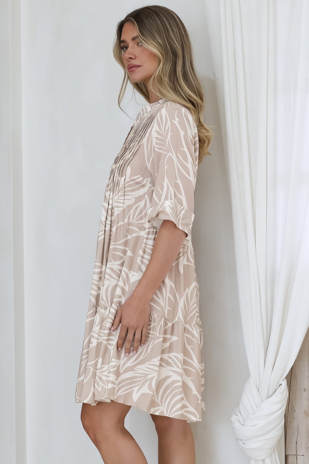 Evie Mini Dress - Three-Quarter Sleeve Tiered Smock Dress in Jeani Print Beige — gallery