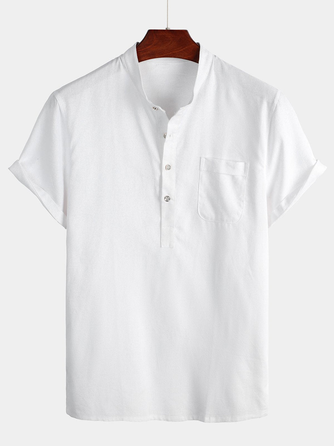 Solid Stand Collar Half-Button Linen Cotton Shirt for Men