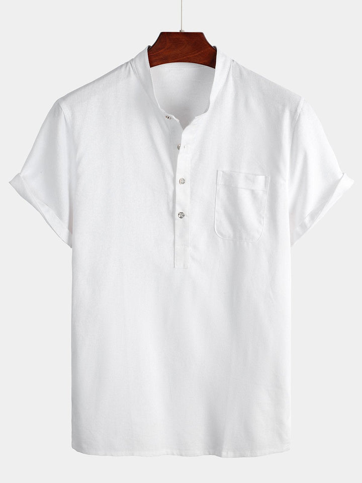 Solid Stand Collar Half-Button Linen Cotton Shirt for Men
