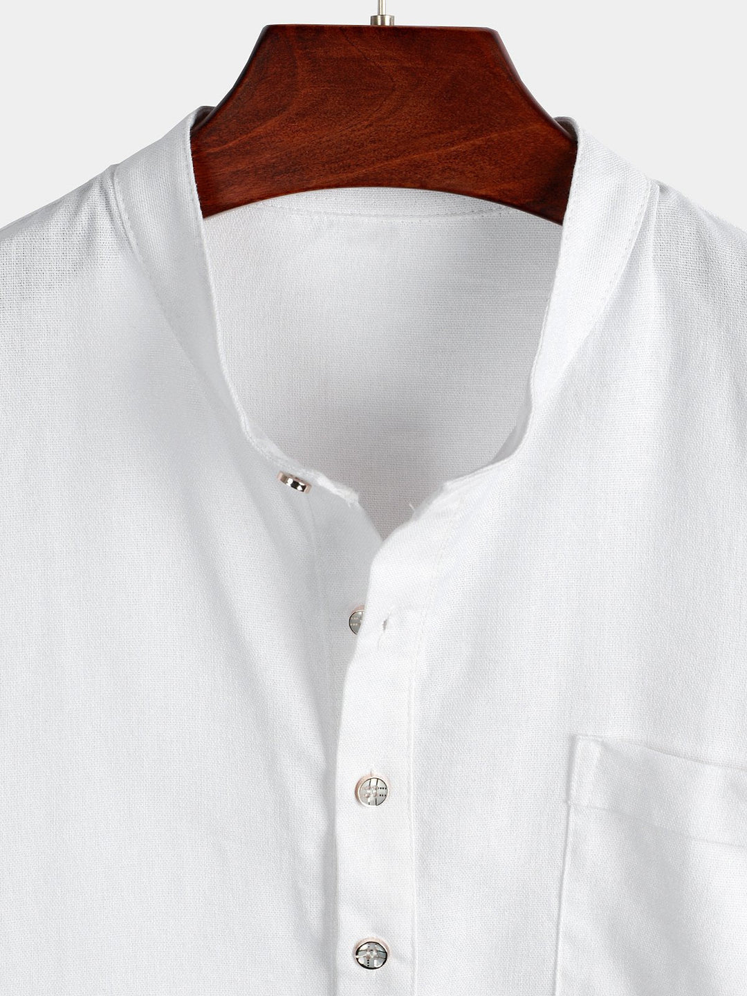Solid Stand Collar Half-Button Linen Cotton Shirt for Men - gallery