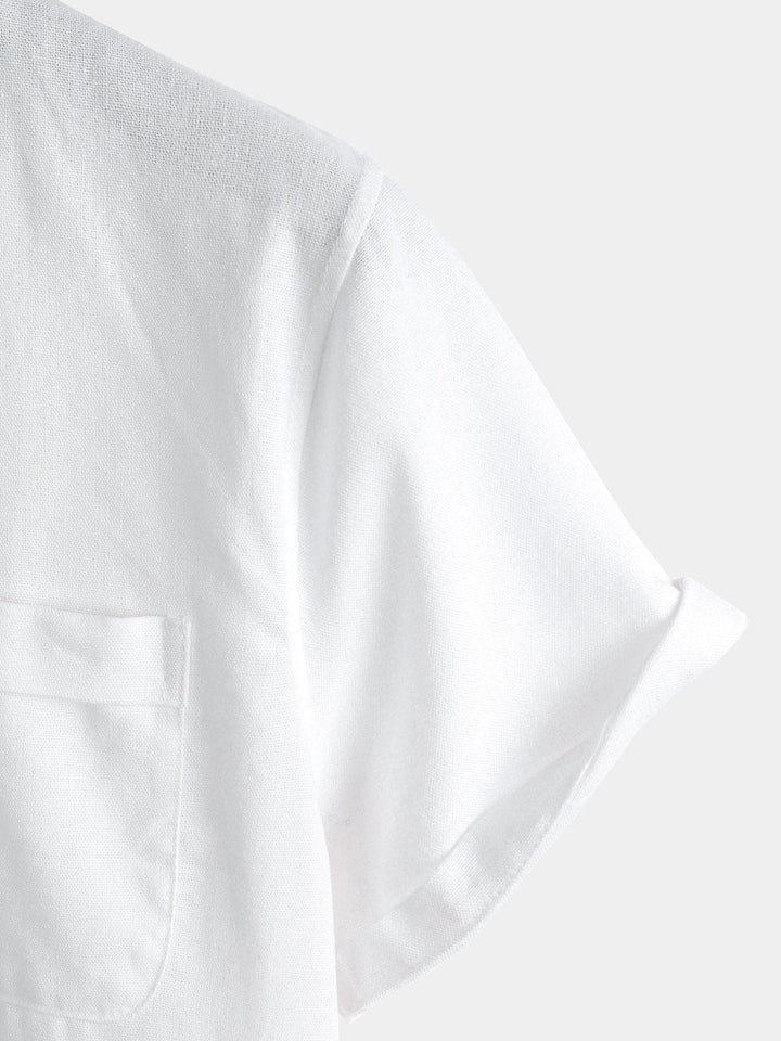 Solid Stand Collar Half-Button Linen Cotton Shirt for Men - gallery