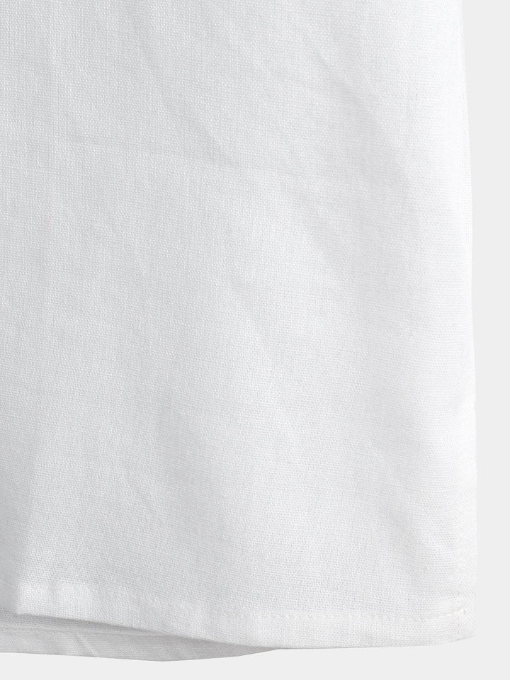 Solid Stand Collar Half-Button Linen Cotton Shirt for Men - gallery