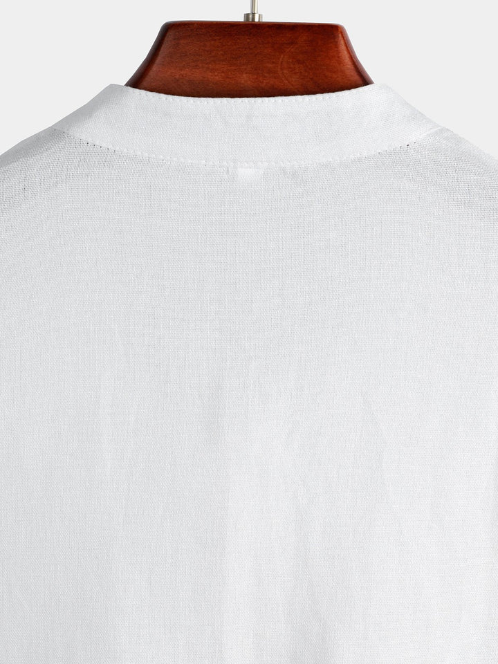 Solid Stand Collar Half-Button Linen Cotton Shirt for Men - gallery