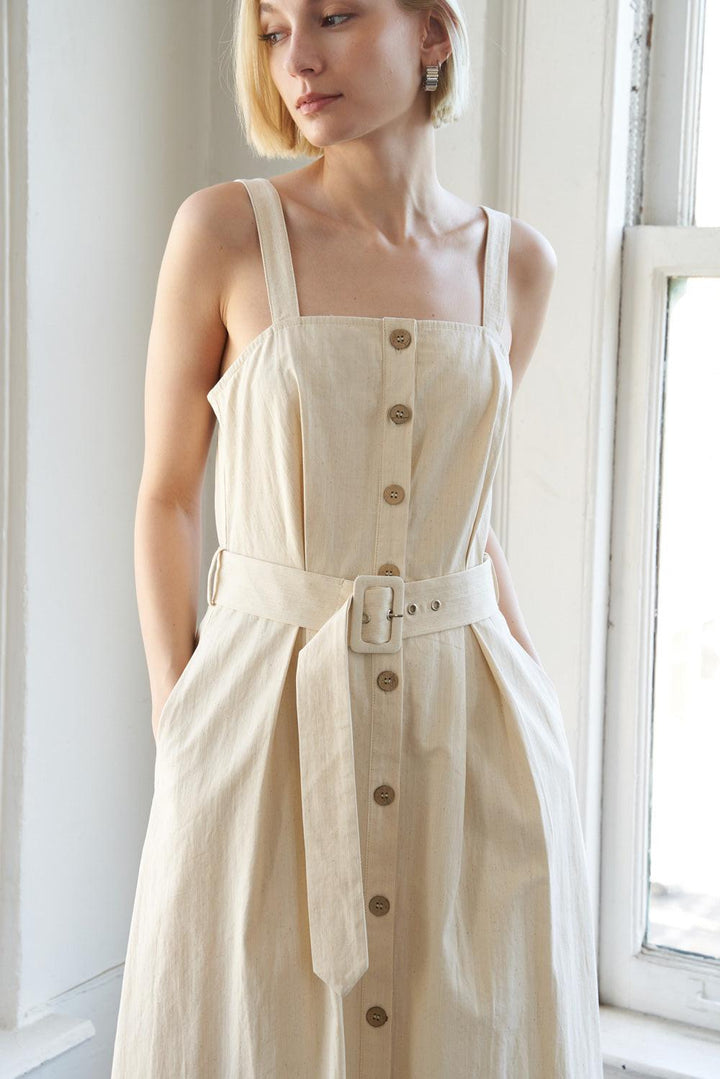 CALIFORNIA DREAMING WOVEN MIDI DRESS — OATMEAL