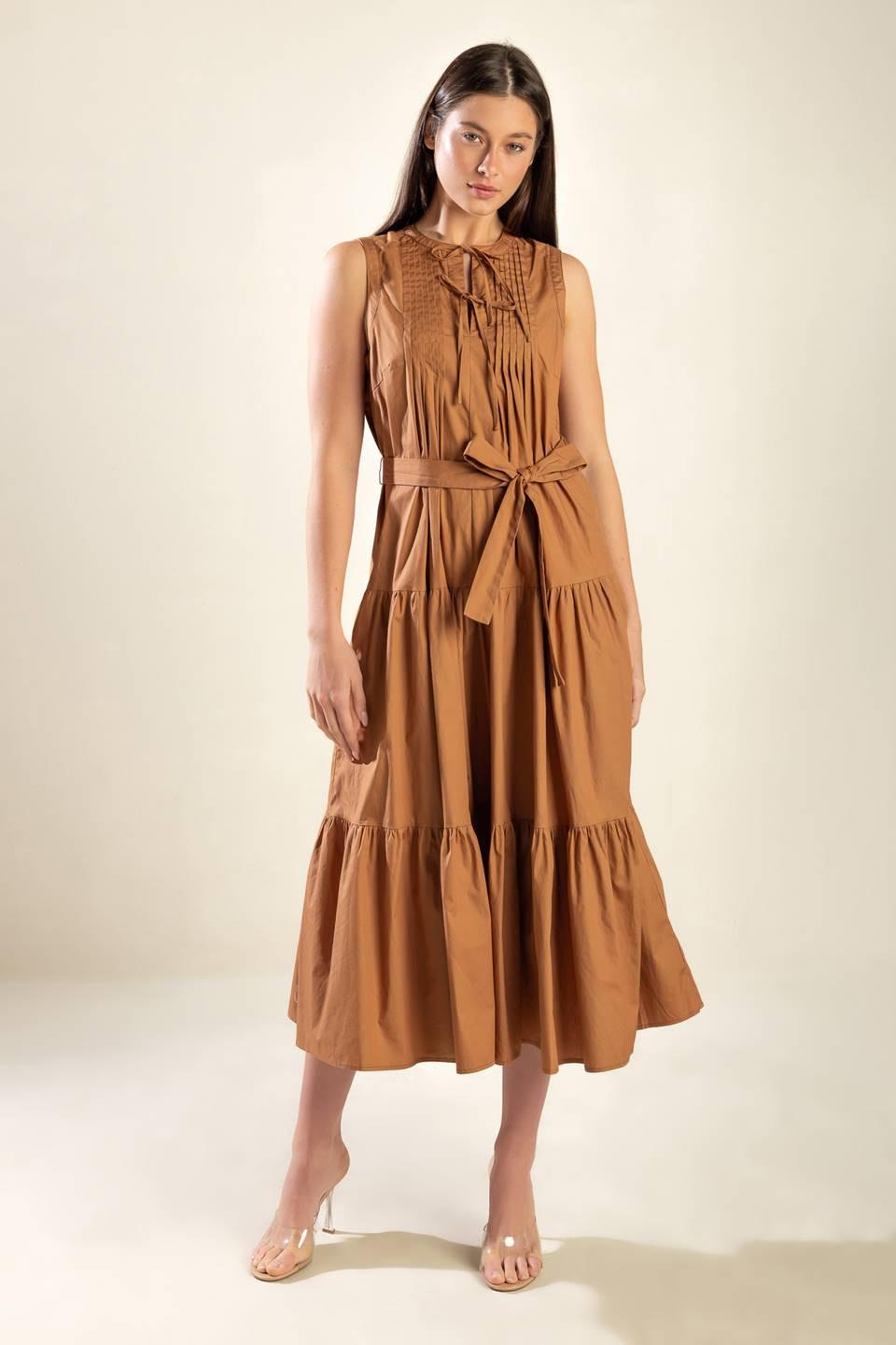 EVERYTHING I WANT WOVEN MIDI DRESS — BROWN