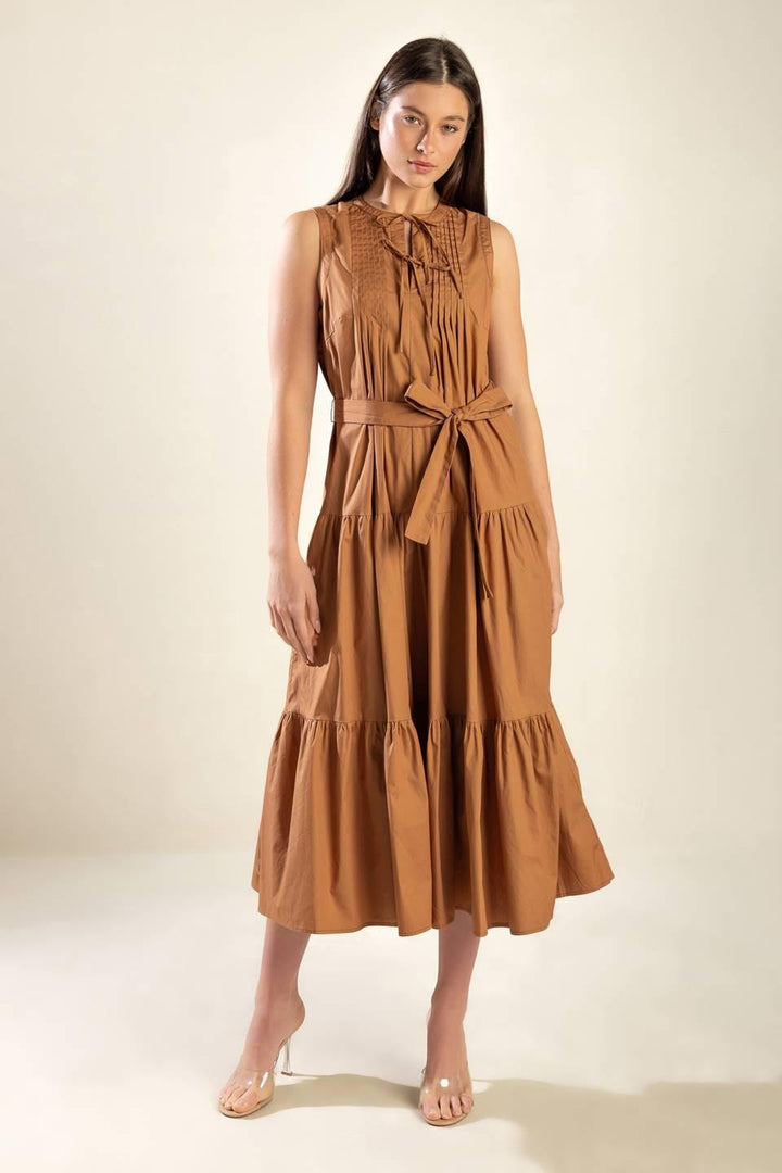 EVERYTHING I WANT WOVEN MIDI DRESS — BROWN