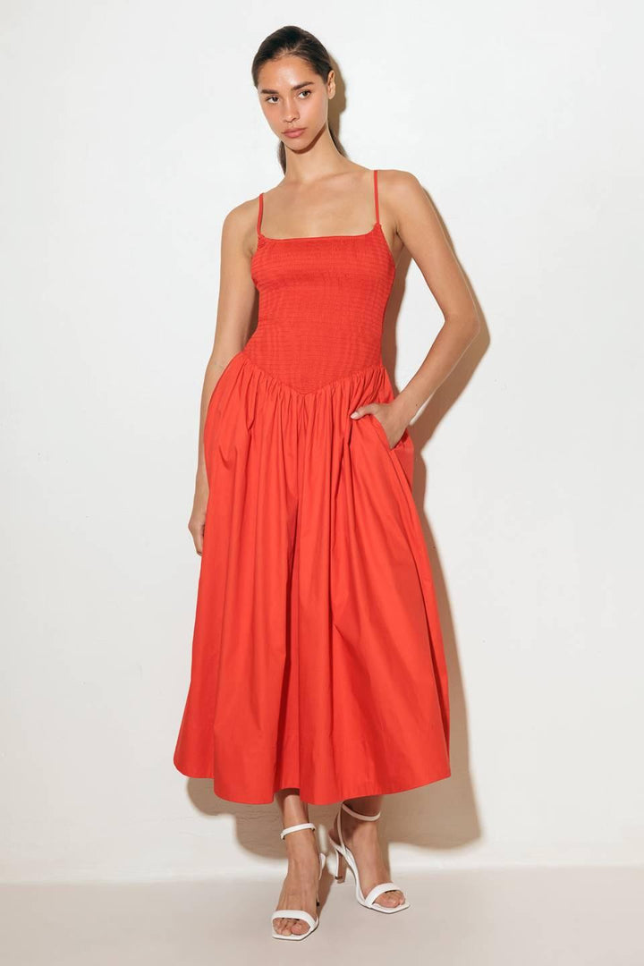 MOVE WITH INTENTION RED WOVEN MIDI DRESS — gallery