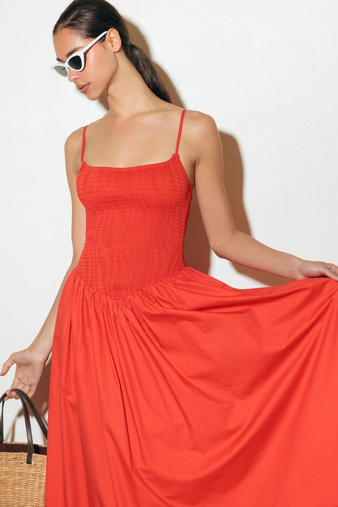 MOVE WITH INTENTION RED WOVEN MIDI DRESS — gallery